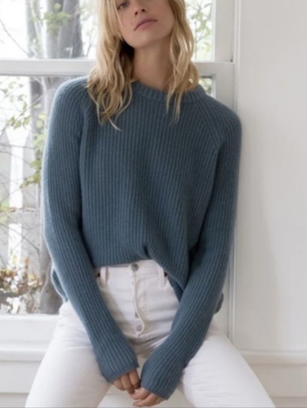 Jenni Kayne Light Blue Ribbed Crewneck 100% Cashmere Sweater